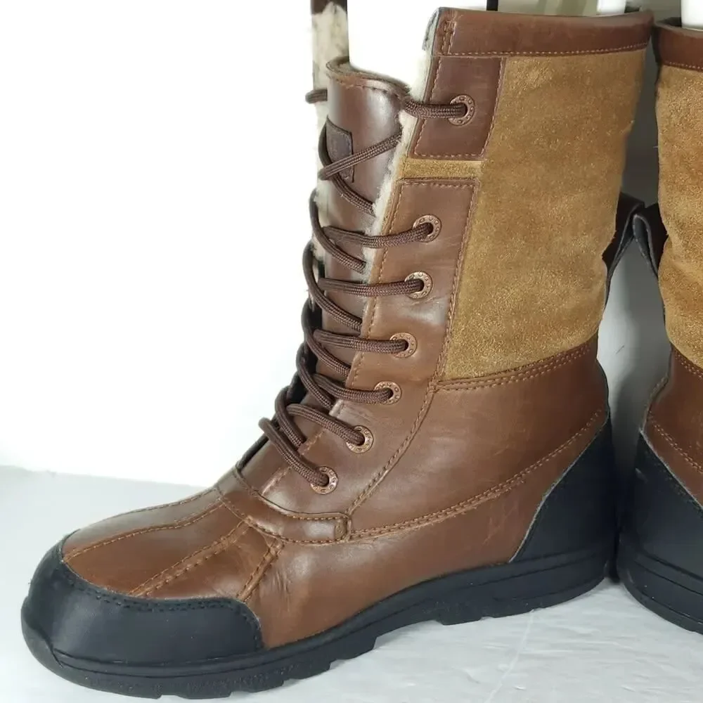 UGG Butte Il Youth US6 /W US7 Brown Leather Sheepskin Lined Lace Up Winter Boots
